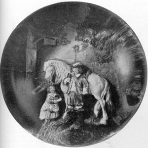 Illustration III: Cavalier and Barmaid: The paperweight done in iridescent green, red and white against a background of natural colors, presents a conventional but romantic 17th Century group that may have been either English or Continental. Illustration III: Cavalier and Barmaid: The paperweight done in iridescent green, red and white against a background of natural colors, presents a conventional but romantic 17th Century group that may have been either English or Continental.