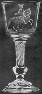 Illustration II: Equestrian Portrait of William III: Here he is depicted with military baton in his right hand. This wine glass with air twist stem above a pressed inverted knob and resting on a domed base was made between 1730-1740, probably as a memorial. Illustration II: Equestrian Portrait of William III: Here he is depicted with military baton in his right hand. This wine glass with air twist stem above a pressed inverted knob and resting on a domed base was made between 1730-1740, probably as a memorial.