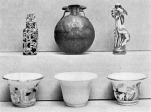 Illustration II: Perfume Bottle of Thatmes 3rd, 18th Dynasty, Egypt. Stone Perfume Bottle, Gold mounts, French, c. 1750. Perfume Bottle, China, Cat climbing after bird, Continental, 18 Century. Three Rouge Pots, Wedgwood, 18th Century, and probably Meissen, c. 1750. Illustration II: Perfume Bottle of Thatmes 3rd, 18th Dynasty, Egypt. Stone Perfume Bottle, Gold mounts, French, c. 1750. Perfume Bottle, China, Cat climbing after bird, Continental, 18 Century. Three Rouge Pots, Wedgwood, 18th Century, and probably Meissen, c. 1750.