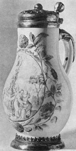 Illustration III: By Abraham Helmhack: This fayence jug with silver-gilt mountings dates from the late 57th Century. Illustration III: By Abraham Helmhack: This fayence jug with silver-gilt mountings dates from the late 17th Century.