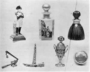 Illustration IV: Perfume Bottles, Powder Box, Combination Vinaigrette and Patch box, Fingernail Protectors, Nail Clipper — Continental and Chinese — 18th and 19th Centuries. Illustration IV: Perfume Bottles, Powder Box, Combination Vinaigrette and Patch box, Fingernail Protectors, Nail Clipper — Continental and Chinese — 18th and 19th Centuries.