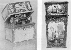 Illustration V: Enamelled Vanity Case, Staffordshire, 18th Century. Agate Vanity Case, Gold mounted, Border inscription in French "Nothing is Too Good for the Loved One." English, c. 1750. Illustration V: Enamelled Vanity Case, Staffordshire, 18th Century. Agate Vanity Case, Gold mounted, Border inscription in French "Nothing is Too Good for the Loved One." English, c. 1750.