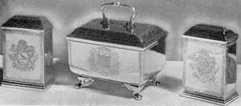 3. Simplicity of form and outline, accented by subdued, delicate decoration (as in these tea caddies) characterize the silverwork of Augustine Courtauld. The pair, left and right, dated 1726-27; center casket, 1731-32. All three engraved with the arms and crest of the Still family. 3. Simplicity of form and outline, accented by subdued, delicate decoration (as in these tea caddies) characterize the silverwork of Augustine Courtauld. The pair, left and right, dated 1726-27; center casket, 1731-32. All three engraved with the arms and crest of the Still family.