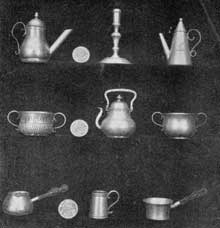 5. Miniature or toy silver pieces copied by Augustine Courtauld from full-sized models. He made numerous such miniatures. Note the old-style, lantern-shaped teapot (upper right) that harks back to the 17th century. 5. Miniature or toy silver pieces copied by Augustine Courtauld from full-sized models. He made numerous such miniatures. Note the old-style, lantern-shaped teapot (upper right) that harks back to the 17th century.