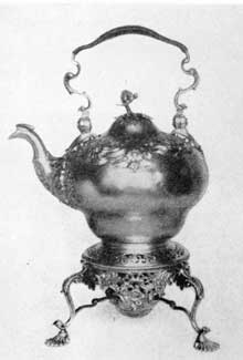 6. Pyriform tea kettle and stand with subdued rococo decorations of flowers and scrolls. By Samuel Courtauld, Sr. Dating 1755-56. 6. Pyriform tea kettle and stand with subdued rococo decorations of flowers and scrolls. By Samuel Courtauld, Sr. Dating 1755-56.