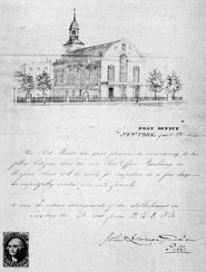 Invitation to New York Post Office Preview: This invitation was issued January 23, 1845 and signed by John Lorimer Graham, then postmaster. The building illustrated at the top was formerly the Dutch Reformed on Nassaut Street. At the lower left hand corner an uncollected specimen of the five-cent stamp issued by New York postmaster. Invitation to New York Post Office Preview: This invitation was issued January 23, 1845 and signed by John Lorimer Graham, then postmaster. The building illustrated at the top was formerly the Dutch Reformed on Nassaut Street. At the lower left hand corner an uncollected specimen of the five-cent stamp issued by New York postmaster.
