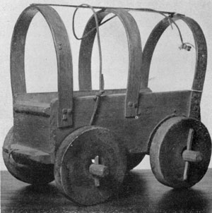 Jackknife Model of a Conestoga Wagon: A crude example undoubtedly made as a toy. It does not follow these wagons in all details, notably the solid wheel, boxlike shape of body, and too heavy bows for the canvas cover. Jackknife Model of a Conestoga Wagon: A crude example undoubtedly made as a toy. It does not follow these wagons in all details, notably the solid wheel, boxlike shape of body, and too heavy bows for the canvas cover.