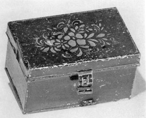Japanned Nutmeg Box: The technique for lacquer decoration of course originated in China Out was later mastered by Occidental craftsmen. It teas a popular decoration for tin articles, large and small. Japanned Nutmeg Box: The technique for lacquer decoration of course originated in China Out was later mastered by Occidental craftsmen. It teas a popular decoration for tin articles, large and small.