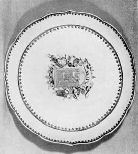 Large Plate Decorated with Cervantes Coat-of-Arms: Part of a large table service decorated in Canton 1760-1780 for Ignacio Leonee Gomez de Cervantes, Marquis de Salinas del Rio Pizuerga of Mexico City. When completed, this service was shipped via Manila to Acapulco and overland by pack mule train to Mexico City. Large Plate Decorated with Cervantes Coat-of-Arms: Part of a large table service decorated in Canton 1760-1780 for Ignacio Leonee Gomez de Cervantes, Marquis de Salinas del Rio Pizuerga of Mexico City. When completed, this service was shipped via Manila to Acapulco and overland by pack mule train to Mexico City.