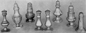 Later Pewter Pepper Pots: With these, there was an infinite variation of shapes and forms. Notice the matching pair in the center. Pairs are rarely found. Later Pewter Pepper Pots: With these, there was an infinite variation of shapes and forms. Notice the matching pair in the center. Pairs are rarely found.