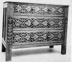 Made Between 1675 and 1700 of Oak: This with its three drawers is a chest of drawers, yet the stile and rail construction and flat carving of conventional forms relate it to the Hartford and Hadley chests. Made Between 1675 and 1700 of Oak: This with its three drawers is a chest of drawers, yet the stile and rail construction and flat carving of conventional forms relate it to the Hartford and Hadley chests.