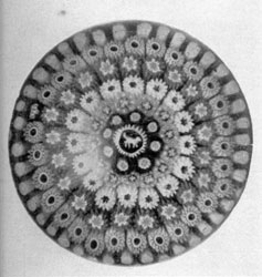 Millefiori from Saint Louis: The canes are characteristic of those of this French factory. Those with the identifying initials were placed inconspicuously away from the center. Coloring was in pastel shades. Millefiori from Saint Louis: The canes are characteristic of those of this French factory. Those with the identifying initials were placed inconspicuously away from the center. Coloring was in pastel shades.