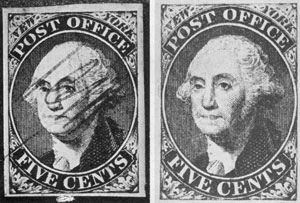 The New York Postmaster's Stamp of 1845: At the left is illustrated a specimen with the handwritten initials ACM in red ink which Alonzo Castle Monson had his aides write on each stamp before it was sold to discourage counterfeiting. At the right an example of the same stamp initialed. The New York Postmaster's Stamp of 1845: At the left is illustrated a specimen with the handwritten initials ACM in red ink which Alonzo Castle Monson had his aides write on each stamp before it was sold to discourage counterfeiting. At the right an example of the same stamp initialed.