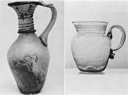 Illustration II, II-A: Pattern Molded with Applied Threads: Illustration II probably made at Alexandria. 2nd to 5th Century A.D. Illustration II-A, mid-western type pitcher, circa 1825. Both pieces were pattern molded and then had the decorative threads of glass plastically applied. Illustration II, II-A: Pattern Molded with Applied Threads: Illustration II probably made at Alexandria. 2nd to 5th Century A.D. Illustration II-A, mid-western type pitcher, circa 1825. Both pieces were pattern molded and then had the decorative threads of glass plastically applied.