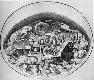 Peaceable Kingdom: India ink pen drawing made in 1865 by Dr. William Hallowell in Norristown, Pennsylvania. Peaceable Kingdom: India ink pen drawing made in 1865 by Dr. William Hallowell in Norristown, Pennsylvania.