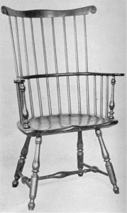 Philadelphia High-Back Windsor: Here the nine spindles of the back have been lengthened and surmounted by comb. Turnings and shape of seat are characteristic of the period of 1750-1770. Philadelphia High-Back Windsor: Here the nine spindles of the back have been lengthened and surmounted by comb. Turnings and shape of seat are characteristic of the period of 1750-1770.