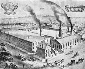 George Duncan & Sons Plant in 1884: This dated catalogue cover shows how large this firm's factory was at this date. Note the two pieces of glassware illustrated at the upper left and right corners. George Duncan & Sons Plant in 1884: This dated catalogue cover shows how large this firm's factory was at this date. Note the two pieces of glassware illustrated at the upper left and right corners.