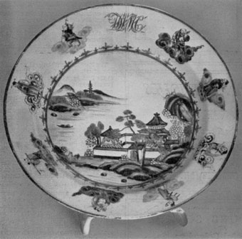 With the typical Chinese garden scene, it bears on the border the monogram of Governor and Mrs. De Witt Clinton. Made late in the 18th Century it was probably part of a dinner service for which the order was sent from New York to Canton. platemadeinchina