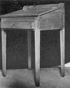 Illustration V: Schoolmaster's Desk of Pine: This may have been made as late as 1840. Frame and desk are no longer separate. The legs are clumsy interpretations of the Hepplewhite style. Illustration V: Schoolmaster's Desk of Pine: This may have been made as late as 1840. Frame and desk are no longer separate. The legs are clumsy interpretations of the Hepplewhite style.