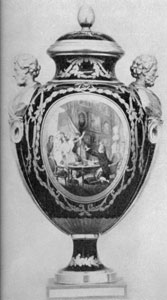 Sèvres Covered Vase Dated 1782: This is one of a pair. They are of bleu-de-roi ground coloring with the bust-shaped handles richly gilded and chased. The central oval panels or reserves are painted in naturalistic colors. Sèvres Covered Vase Dated 1782: This is one of a pair. They are of bleu-de-roi ground coloring with the bust-shaped handles richly gilded and chased. The central oval panels or reserves are painted in naturalistic colors.