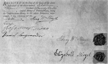 The Signatures of Stiegel and His Wife: From an indenture of 1774 to Sebastian Witmer, one of his glass enamelers. Printed on vellum, it designates Stiegel as "Glass-Manufacturer." Stiegel's seal is a cipher of his initials; his wife's, a bird with an olive branch. It is for land near Manheim. Price 20 pounds, Pennsylvania money. The Signatures of Stiegel and His Wife: From an indenture of 1774 to Sebastian Witmer, one of his glass enamelers. Printed on vellum, it designates Stiegel as "Glass-Manufacturer." Stiegel's seal is a cipher of his initials; his wife's, a bird with an olive branch. It is for land near Manheim. Price 20 pounds, Pennsylvania money.