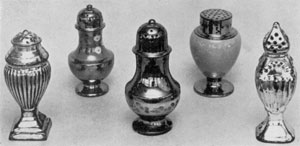Silver and Copper Lustreware: All of English pottery, the three pepper pots in the center are of copper lustre; those at the outer left and right are of silver lustre. Silver and Copper Lustreware: All of English pottery, the three pepper pots in the center are of copper lustre; those at the outer left and right are of silver lustre.