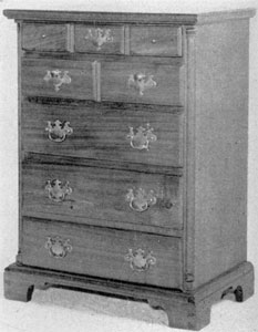 Tall Chippendale Chest of Drawers: Made of walnut and unornamented except for applied half-round columns at front corners and the over lapping molding of edge of drawer fronts, this is a plain piece of small size. Probably made in Pennsylvania about 1760-70 by a village cabinetmaker. Tall Chippendale Chest of Drawers: Made of walnut and unornamented except for applied half-round columns at front corners and the over lapping molding of edge of drawer fronts, this is a plain piece of small size. Probably made in Pennsylvania about 1760-70 by a village cabinetmaker.
