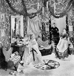 The Christmas Cotillion: Victorian in feeling, the dolls are of the period and are from the collection of Miss Sidney Howell, arranged in an appropriate setting that reproduces the period. The Christmas Cotillion: Victorian in feeling, the dolls are of the period and are from the collection of Miss Sidney Howell, arranged in an appropriate setting that reproduces the period.