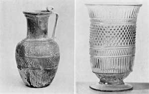 Illustration III, III-A: The Mold-Blown Technique: Illustration III is a jug signed by the maker ENNION, 1st Century Syrian, who apparently moved his shop to Italy. Illustration III-A, American three-mold celery vase, circa 1820-1850. Illustration III, III-A: The Mold-Blown Technique: Illustration III is a jug signed by the maker ENNION, 1st Century Syrian, who apparently moved his shop to Italy. Illustration III-A, American three-mold celery vase, circa 1820-1850.