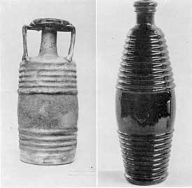 Illustration IX, IX-A: Two Barrel Bottles: Illustration IX, one of the types made and often marked by Frontinius Son in Gaul in the 3rd Century; Illustration IX-A, mold blown barrel bottle made in Lancaster, N. Y., 1850-1870. Illustration IX, IX-A: Two Barrel Bottles: Illustration IX, one of the types made and often marked by Frontinius Son in Gaul in the 3rd Century; Illustration IX-A, mold blown barrel bottle made in Lancaster, N. Y., 1850-1870.