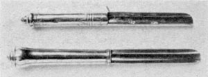 Illustration X: Two Butter Testers: These were pushed into a tub of butter for a sample on which to grade it. The upper one bears the mark, TK, which was that of Thomas Kinney, Norwich, Connecticut, and the lower one by Thomas Hamersly, recorded to have been working as a silversmith in New York, circa 1756. Illustration X: Two Butter Testers: These were pushed into a tub of butter for a sample on which to grade it. The upper one bears the mark, TK, which was that of Thomas Kinney, Norwich, Connecticut, and the lower one by Thomas Hamersly, recorded to have been working as a silversmith in New York, circa 1756.