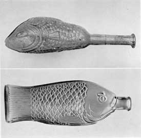 Illustration V (top), V-A (bottom): Two Fish Shaped Flasks: Illustration V, a mold blown one of the 2nd or 3rd Century; Illustration V-A, American flask made after 1850. Both are naturalistic in form and were made by mold blowing. Illustration VI, VI-A: Two Footed Bowls: Illustration VI, an Alexandrian example of 4th Century; VI-A, late ISM Century American example of South Jersey type. Note the marked similarity in outline.