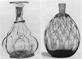 Illustrations VIII, VIII-A: Two Flasks with Diamond Quilting: Illustration VIII, a 4th Century Alexandrian flask with molded ribs pulled together in diamond shapes. Illustration VIII-A, flask of the mid l9th Century, mid-western type. In America such diamond quilting was almost invariably formed in the mold. Illustrations VIII, VIII-A: Two Flasks with Diamond Quilting: Illustration VIII, a 4th Century Alexandrian flask with molded ribs pulled together in diamond shapes. Illustration VIII-A, flask of the mid l9th Century, mid-western type. In America such diamond quilting was almost invariably formed in the mold.