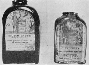 Two Snuff Bottles: One of these represents the oldest of today's tobacconists. Snuff was also sold in wooden boxes with the name of the snuff or the vendor branded in or affixed as a printed label. Two Snuff Bottles: One of these represents the oldest of today's tobacconists. Snuff was also sold in wooden boxes with the name of the snuff or the vendor branded in or affixed as a printed label.