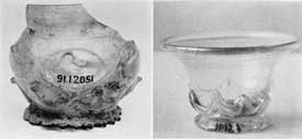 Illustration I, I-A: Use of Overlay Decoration: Illustration I is of a fragment of a very old vase, origin and date of which are uncertain; and Illustration I-A, early 19th Century South Jersey type bowl. In both the glass making technique used for decorative effect was essentially the same. Illustration I, I-A: Use of Overlay Decoration: Illustration I is of a fragment of a very old vase, origin and date of which are uncertain; and Illustration I-A, early 19th Century South Jersey type bowl. In both the glass making technique used for decorative effect was essentially the same.