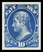The Navy Department Stamp Design of 1873, Plates of 100 stamps - Perforated 12 - Issued July 3, 1873, Printed by the Continental Bank Note Company on "thin, hard" whitish paper - Scott O40 - 10¢ Jefferson The Navy Department Stamp Design of 1873, Plates of 100 stamps - Perforated 12 - Issued July 3, 1873, Printed by the Continental Bank Note Company on "thin, hard" whitish paper - Scott O40 - 10¢ Jefferson