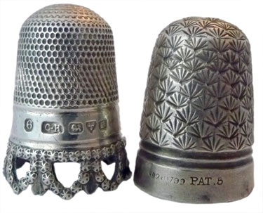 Charles Horner Left: Hallmarked with 6 for size, maker's mark "CH", assay marks for Chester 1904. The pierced rim is made up of stars, which gives a great sparkling effect Right: An early Dorcas thimble which is steel-cored sterling silver. This has the pre-Dorcas marking of "Pat." for patent and the size #5. The design is a registered one in 1893 known as 'Shell.' Charles Horner Left: Hallmarked with 6 for size, maker's mark "CH", assay marks for Chester 1904. The pierced rim is made up of stars, which gives a great sparkling effect Right: An early Dorcas thimble which is steel-cored sterling silver. This has the pre-Dorcas marking of "Pat." for patent and the size #5. The design is a registered one in 1893 known as 'Shell.'