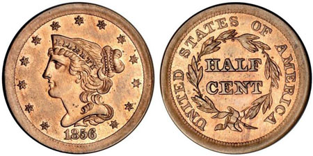 One of only 2 pattern half cents. It was struck from the regular dies in two different copper-nickel alloys either 88% copper and 12% nickel or 90% copper and 10% nickel. Photo courtesy of American Numismatic Rarities via uspatterns.com. One of only 2 pattern half cents. It was struck from the regular dies in two different copper-nickel alloys either 88% copper and 12% nickel or 90% copper and 10% nickel. Photo courtesy of American Numismatic Rarities via uspatterns.com.