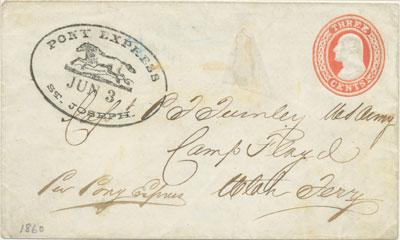 Postmark June 3, 1860. A cover sent privately by Pony Express from St. Joseph, Missouri to Salt Lake City. Postmark June 3, 1860. A cover sent privately by Pony Express from St. Joseph, Missouri to Salt Lake City.