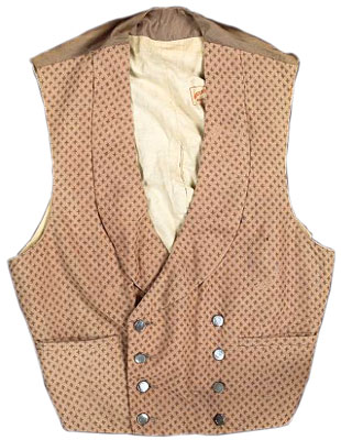 A waistcoat worn by Frank Sinatra in Can-Can, 20th Century Fox, 1960. Stamped "Western Costume Co. Hollywood, California" and labeled "Western Costume Co. Hollywood No. 2450-1, Name Frank Sinatra, Chest 37, Sleeve #2." A waistcoat worn by Frank Sinatra in the film Can-Can, 20th Century Fox, 1960. Stamped "Western Costume Co. Hollywood, California" and labeled "Western Costume Co. Hollywood No. 2450-1, Name Frank Sinatra, Chest 37, Sleeve #2."