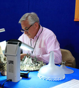 Wes Cowan, the founder and owner of Cowan's Auctions, Inc. in Cincinnati, Ohio, examines an item at the Decorative Arts table. The founder and owner of Cowan's Auctions, Inc. in Cincinnati, Ohio, Wes Cowan examines an item at the Decorative Arts table.