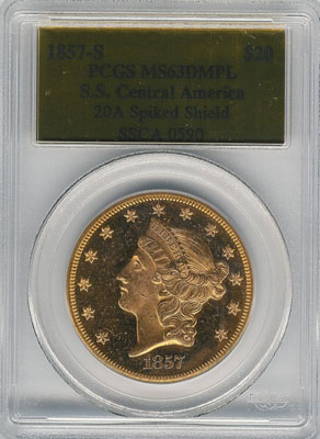 1857-S from SS Central America(front). 1857-S Gold $20 Double Eagle Type 1 No Motto - S.S. Central America from The Arlington Collection of Shipwreck Treasure 1857-S from SS Central America(front). 1857-S Gold $20 Double Eagle Type 1 No Motto - S.S. Central America from The Arlington Collection of Shipwreck Treasure