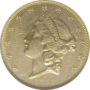 1861-O from SS Republic(front). 1861-O Gold $20 Double Eagle Type 1 No Motto - S.S. Republic from The Arlington Collection of Shipwreck Treasure 1861-O from SS Republic(front). 1861-O Gold $20 Double Eagle Type 1 No Motto - S.S. Republic from The Arlington Collection of Shipwreck Treasure