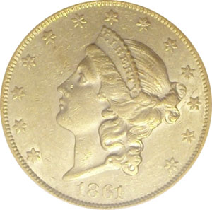 1861- S Paquet Reverse(front). 1861-S Gold $20 Double Eagle Type 1 No Motto - Paquet Reverse from The Arlington Collection of Type 1 Double Eagles 1861- S Paquet Reverse(front). 1861-S Gold $20 Double Eagle Type 1 No Motto - Paquet Reverse from The Arlington Collection of Type 1 Double Eagles