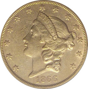 1866- S No Motto(front). 1866-S Gold $20 Double Eagle Type 1 No Motto from The Arlington Collection of Type 1 Double Eagles 1866- S No Motto(front). 1866-S Gold $20 Double Eagle Type 1 No Motto from The Arlington Collection of Type 1 Double Eagles
