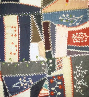 Crazy quilts, such as this circa-1900 example by Martha Frazier Brewer, used whatever materials were handy. In this case, the quiltmaker made the most of cotton, silk, and wool, with wool thread for embroidery. TennesseeTSLA-a0a0g2-b_7865