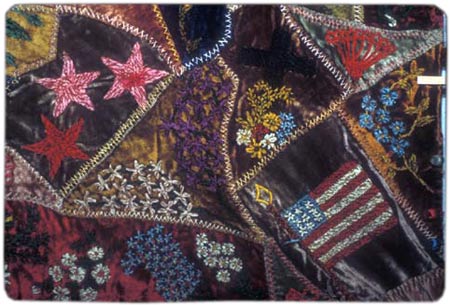 This crazy quilt from the late 19th century, by Clara Graf Lederer Stanton, features a profusion of embroidery in cotton and chenille thread. TennesseeTSLA-a0a0q0-c_7865