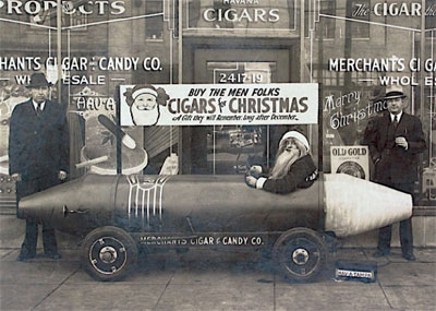 A giant Christmas cigar car by the Merchants Cigar and Candy Co. of Fort Lauderdale, Florida, in the late 1930s. A giant Christmas cigar car by the Merchants Cigar and Candy Co. of Fort Lauderdale, Florida, in the late 1930s.