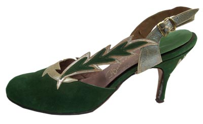 This green suede and silver kid shoe from 1955 was produced by Gainsborough, a Florida manufacturer. This green suede and silver kid shoe from 1955 was produced by Gainsborough, a Florida manufacturer.