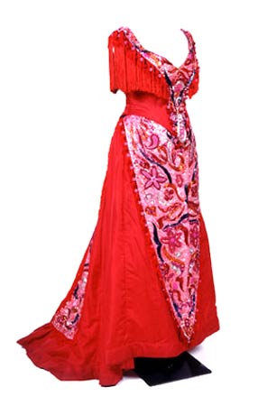 Carol Channing's famous "Hello, Dolly!" dress. The costume was designed by Freddy Wittop. caption here